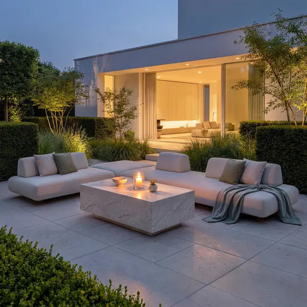 Maze - Outdoor Fabric Cannes Large Corner Sofa Set
with Rectangular Marble Effect Coffee Table - Pebble - Blythe Living