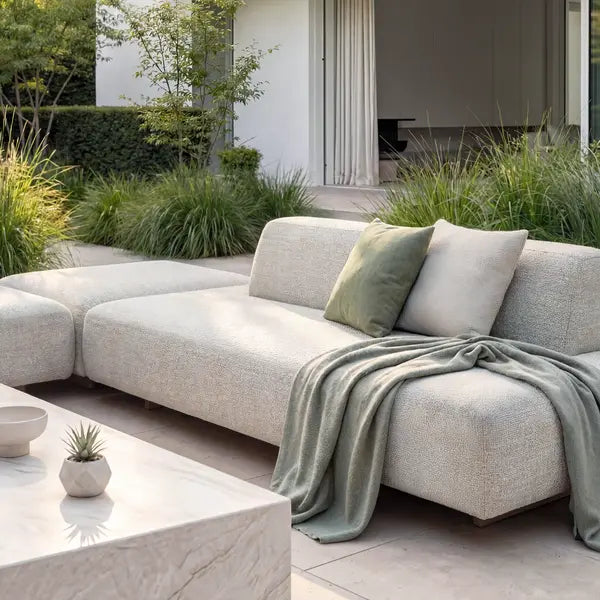 Maze - Outdoor Fabric Cannes Large Corner Sofa Set
with Rectangular Marble Effect Coffee Table - Pebble - Blythe Living