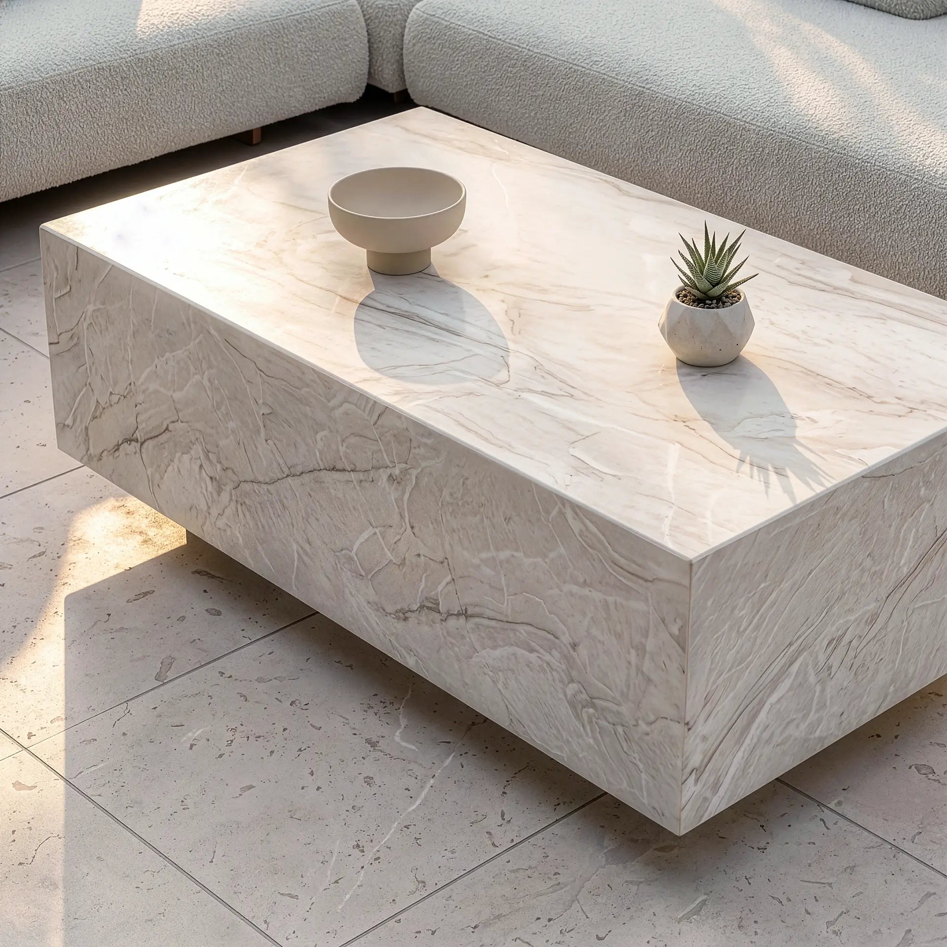 Maze - Outdoor Fabric Cannes Large Corner Sofa Set
with Rectangular Marble Effect Coffee Table - Pebble - Blythe Living