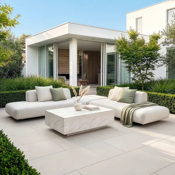 Maze - Outdoor Fabric Cannes Medium Corner Sofa Set
with Rectangular Marble Effect Coffee Table - Pebble - Blythe Living