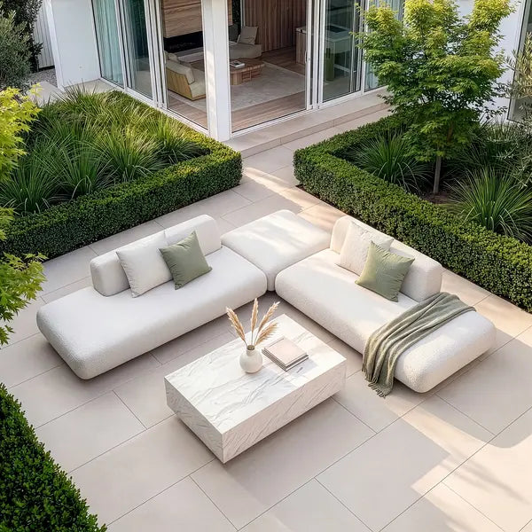 Maze - Outdoor Fabric Cannes Medium Corner Sofa Set
with Rectangular Marble Effect Coffee Table - Pebble - Blythe Living