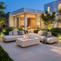 Maze - Outdoor Fabric Cannes Medium Corner Sofa Set
with Rectangular Marble Effect Coffee Table - Pebble - Blythe Living