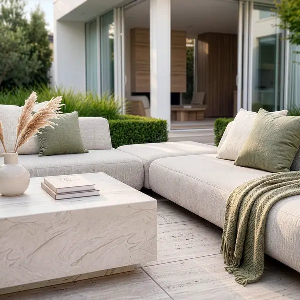 Maze - Outdoor Fabric Cannes Medium Corner Sofa Set
with Rectangular Marble Effect Coffee Table - Pebble - Blythe Living