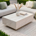 Maze - Outdoor Fabric Cannes Medium Corner Sofa Set
with Rectangular Marble Effect Coffee Table - Pebble - Blythe Living