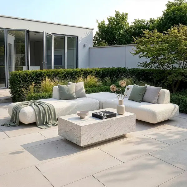 Maze - Outdoor Fabric Cannes Small Corner Sofa Set
with Rectangular Marble Effect Coffee Table - Pebble - Blythe Living