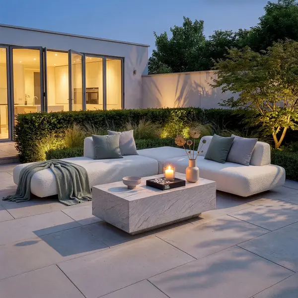 Maze - Outdoor Fabric Cannes Small Corner Sofa Set
with Rectangular Marble Effect Coffee Table - Pebble - Blythe Living