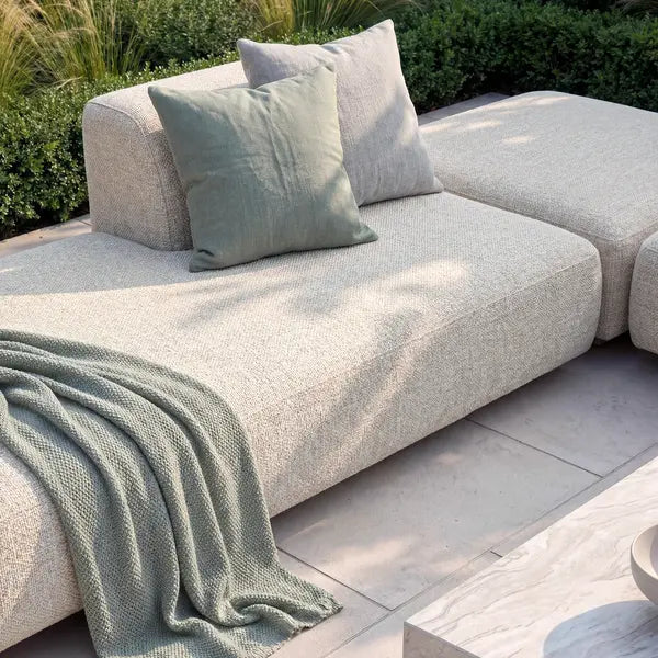 Maze - Outdoor Fabric Cannes Small Corner Sofa Set
with Rectangular Marble Effect Coffee Table - Pebble - Blythe Living