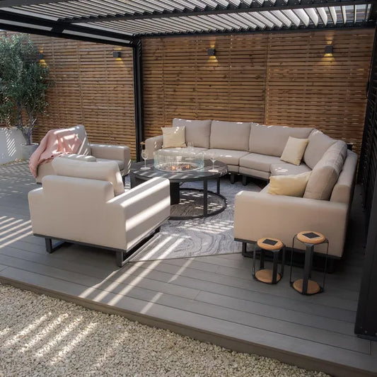 Maze - Outdoor Fabric Ethos Grande Corner Sofa Set & 2 Armchairs
with Round Fire Pit Table - Oatmeal - Blythe Living