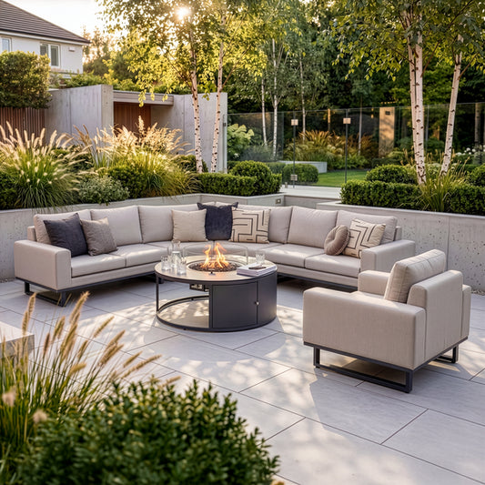 Maze - Outdoor Fabric Ethos Grande Corner Sofa Set & Armchair
with Round Fire Pit Table - Oatmeal - Blythe Living
