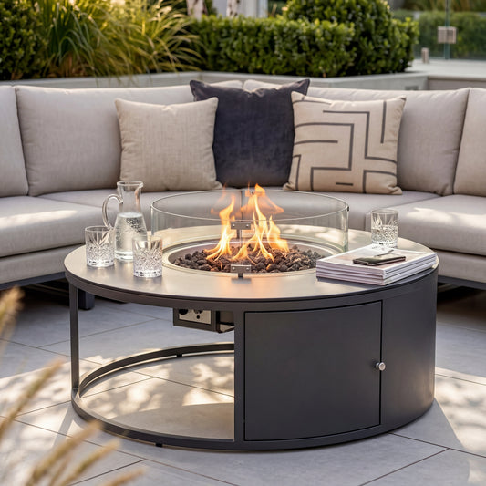 Maze - Outdoor Fabric Ethos Grande Corner Sofa Set & Armchair
with Round Fire Pit Table - Oatmeal - Blythe Living