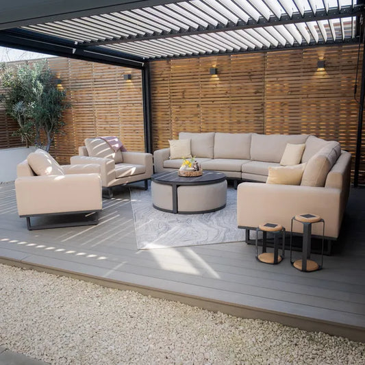Maze - Outdoor Fabric Ethos Grande Corner Sofa Set & 2 Armchairs
with Round Coffee Table & 3 Footstools - Oatmeal - Blythe Living