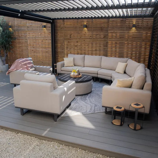 Maze - Outdoor Fabric Ethos Grande Corner Sofa Set & 2 Armchairs
with Round Coffee Table & 3 Footstools - Oatmeal - Blythe Living