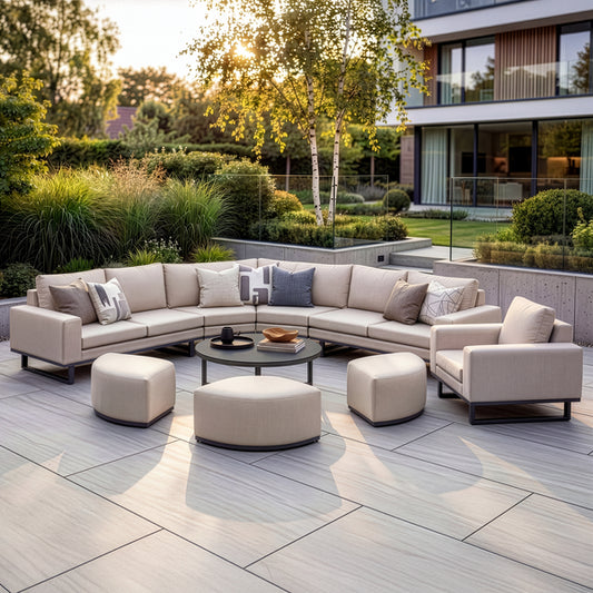 Maze - Outdoor Fabric Ethos Grande Corner Sofa Set & Armchair
with Round Coffee Table & 3 Footstools - Oatmeal - Blythe Living