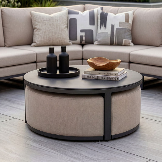Maze - Outdoor Fabric Ethos Grande Corner Sofa Set & Armchair
with Round Coffee Table & 3 Footstools - Oatmeal - Blythe Living