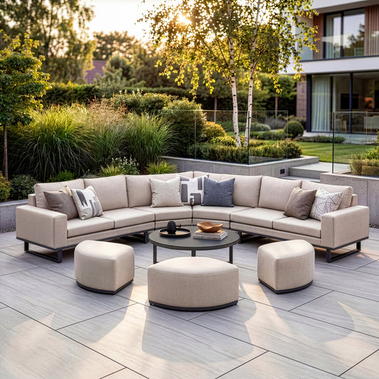 Maze - Outdoor Fabric Ethos Grande Corner Sofa Set
with Round Coffee Table & 3 Footstools - Oatmeal - Blythe Living