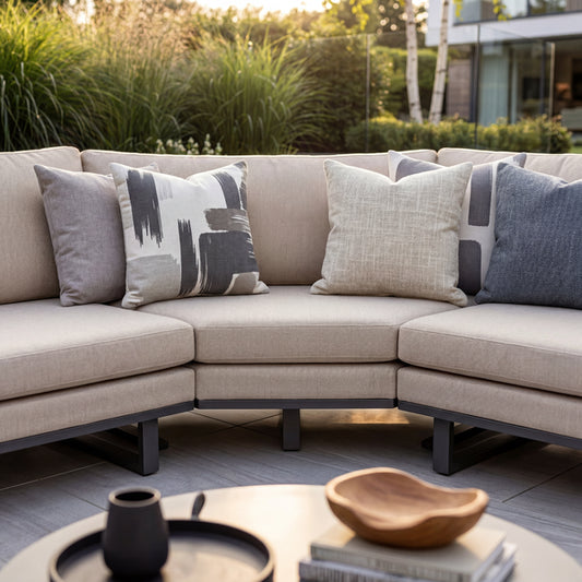 Maze - Outdoor Fabric Ethos Grande Corner Sofa Set
with Round Coffee Table & 3 Footstools - Oatmeal - Blythe Living