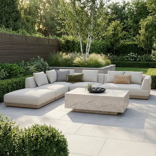 Maze - Outdoor Fabric Lyon Left-Handed Large Corner Sofa Set - Pebble - Blythe Living