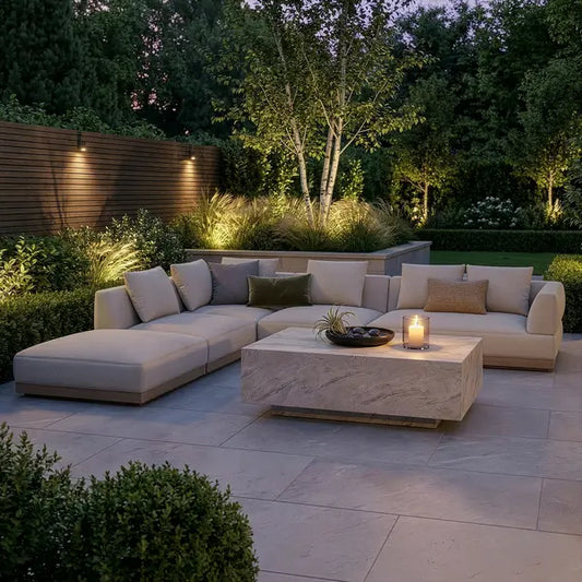 Maze - Outdoor Fabric Lyon Left-Handed Large Corner Sofa Set - Pebble - Blythe Living