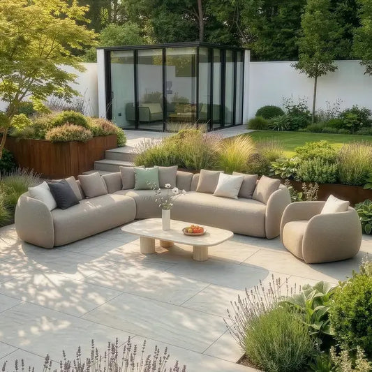 Maze - Outdoor Fabric Monte Carlo Large Corner Sofa Set
with Armchair - Greige Boucle - Blythe Living