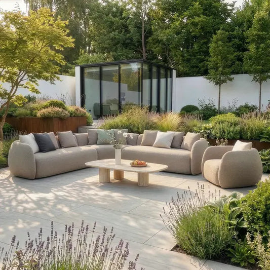 Maze - Outdoor Fabric Monte Carlo Large Corner Sofa Set
with Armchair - Greige Boucle - Blythe Living