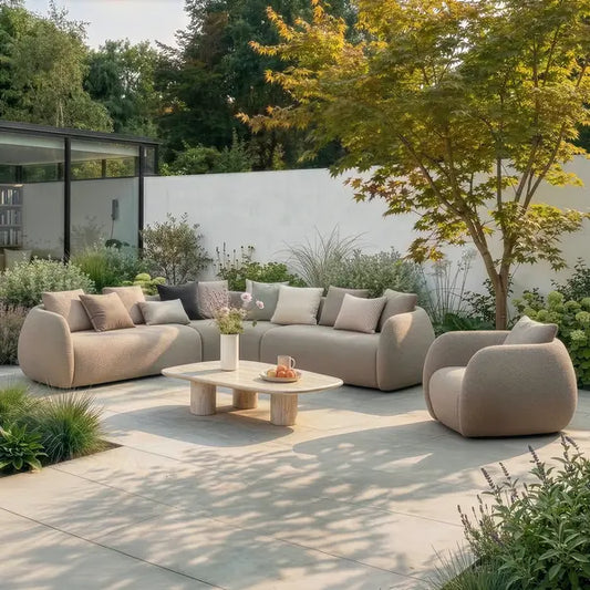 Maze - Outdoor Fabric Monte Carlo Small Corner Sofa Set
with Armchair - Greige Boucle - Blythe Living