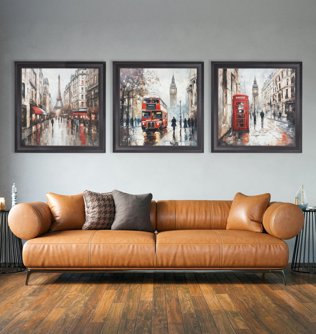 Find rainy London street print with vibrant red bus