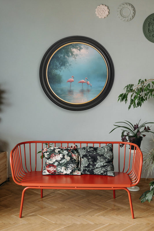 Misty Lake Flamingos - Oxford Round Frame - Blythe Living