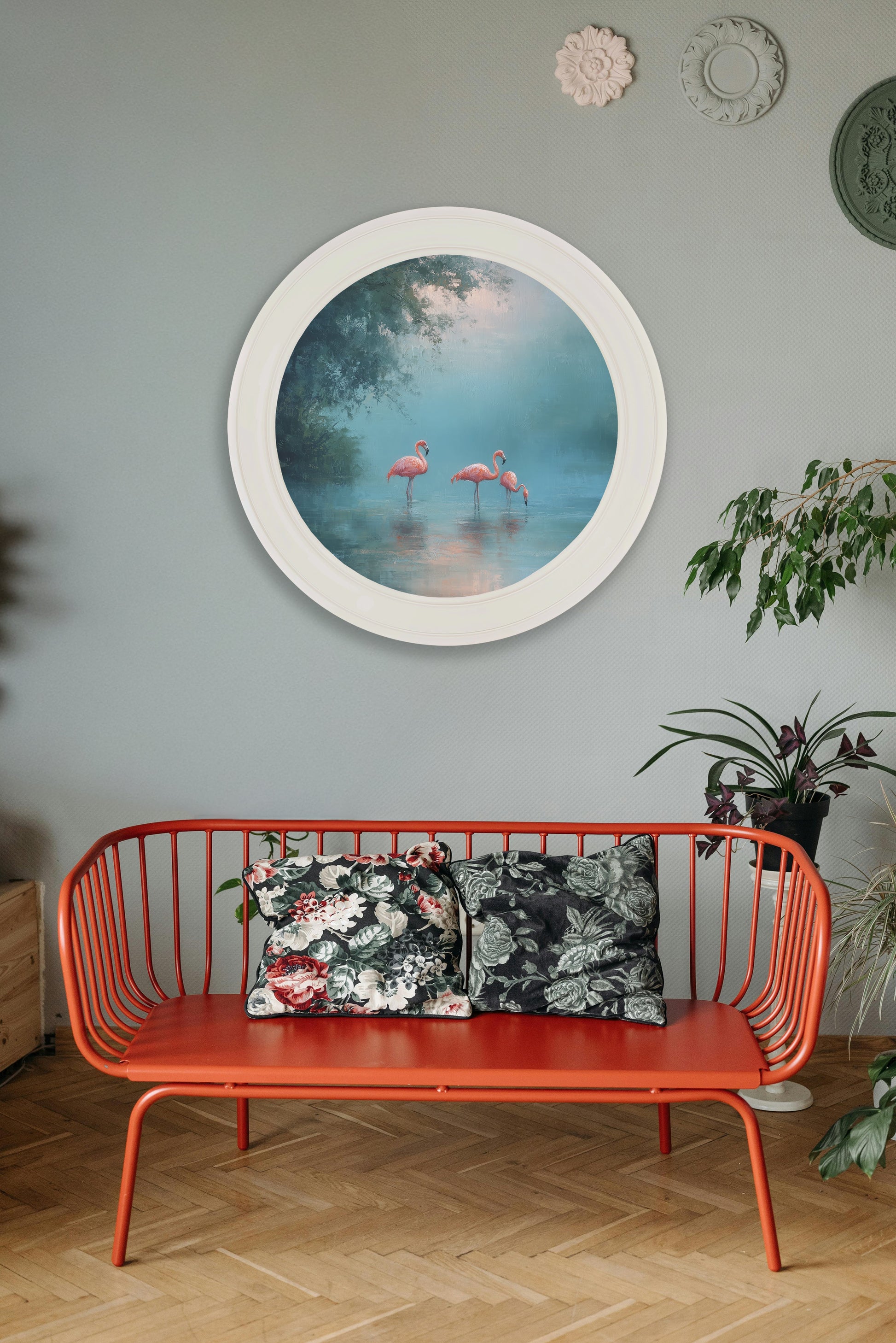 Misty Lake Flamingos - Oxford Strong White Round Frame - Blythe Living