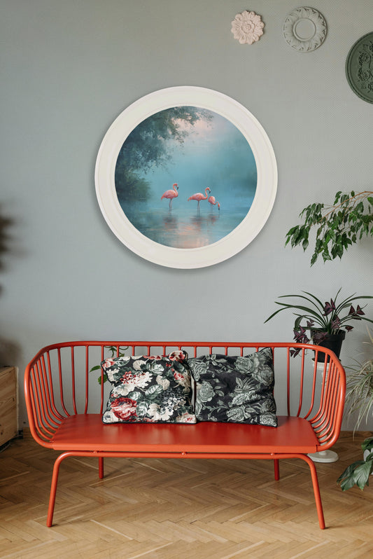 Misty Lake Flamingos - Oxford Strong White Round Frame - Blythe Living