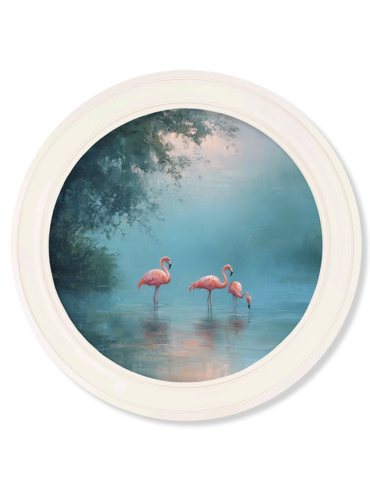 Misty Lake Flamingos - Oxford Strong White Round Frame - Blythe Living