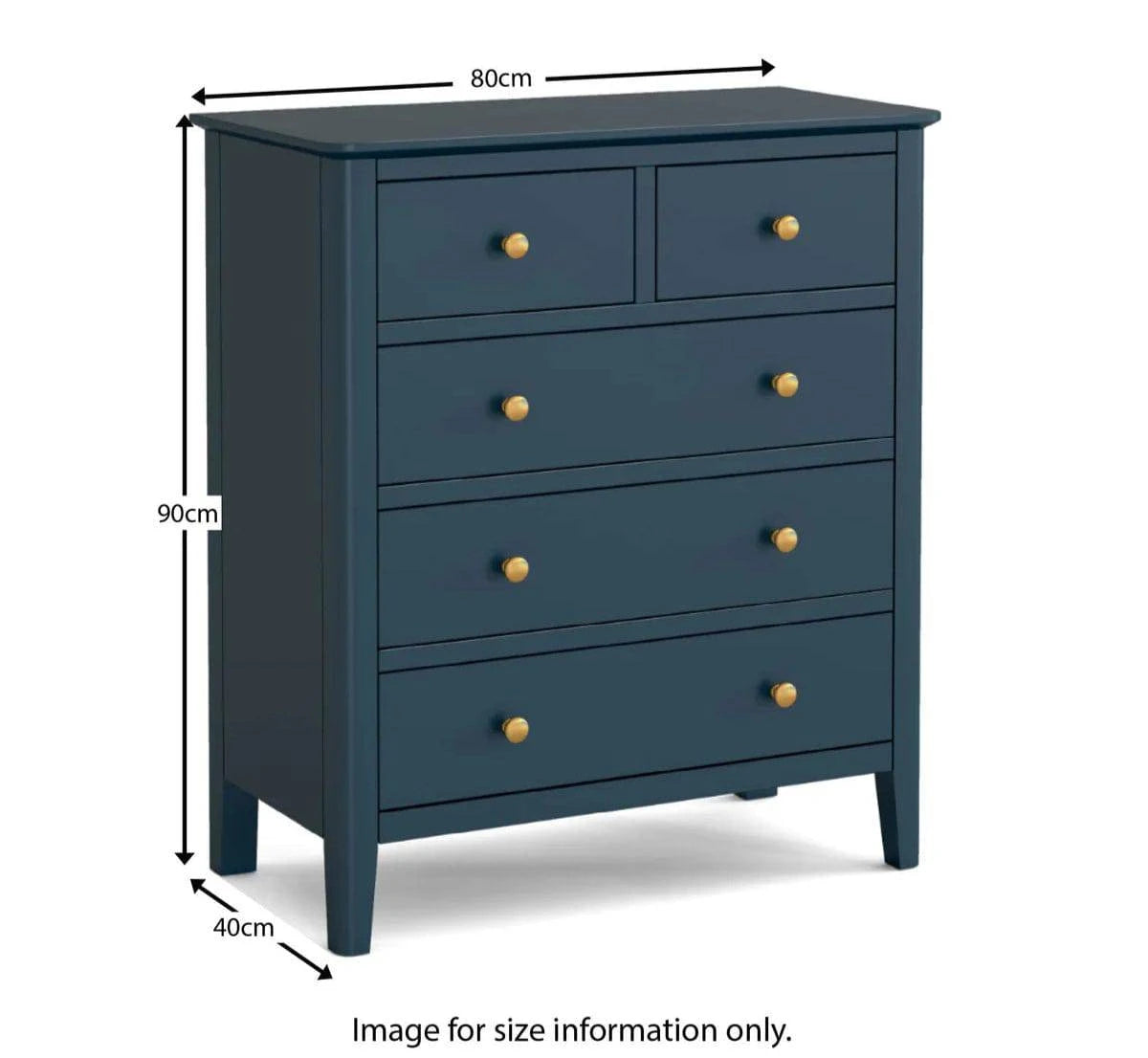 Get British Harrogate Blue 5 drawer chest midnight blue gold handles free delivery
