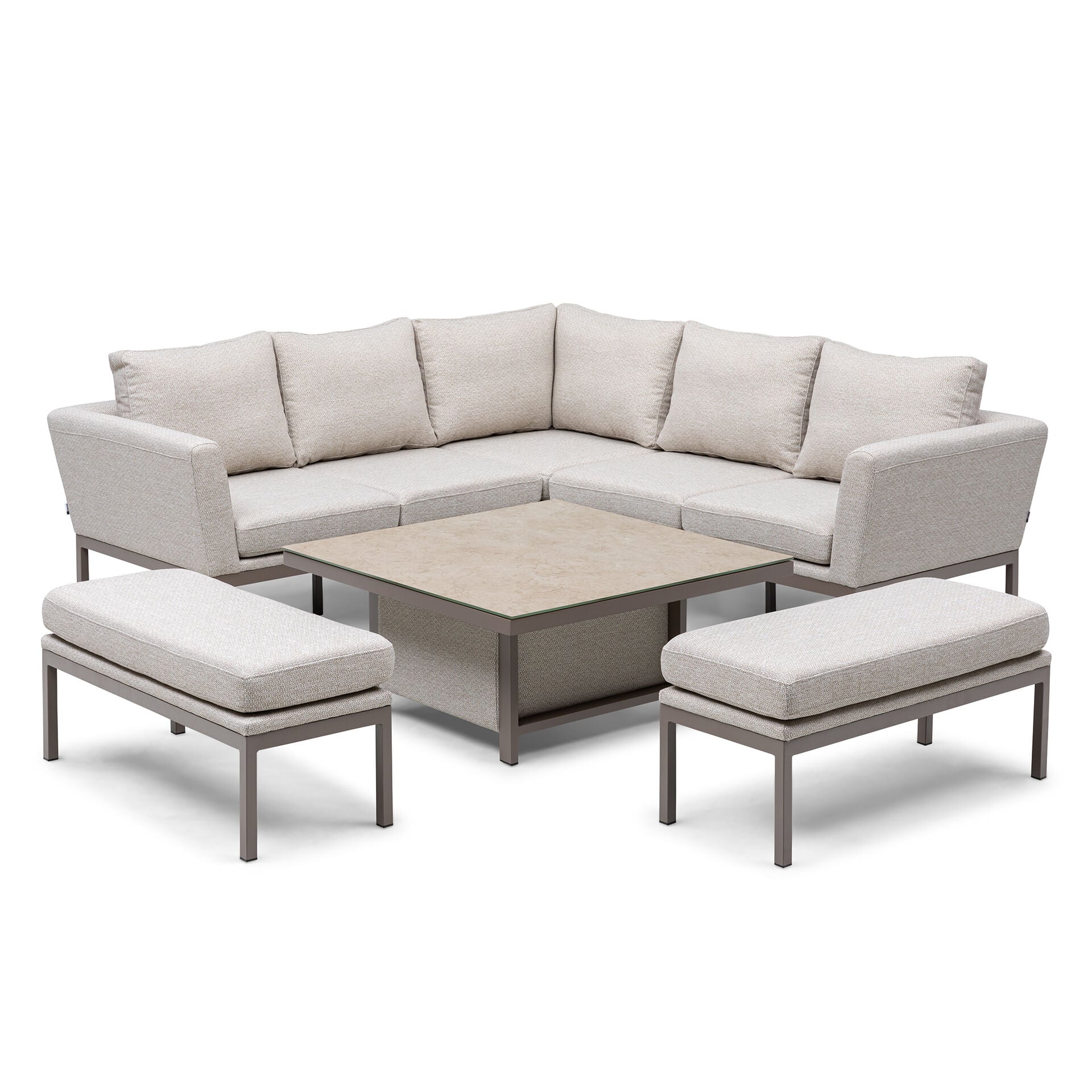 Get Outdoor Fabric Pulse Square Corner Dining Set with Rising Table for luxury entertaining