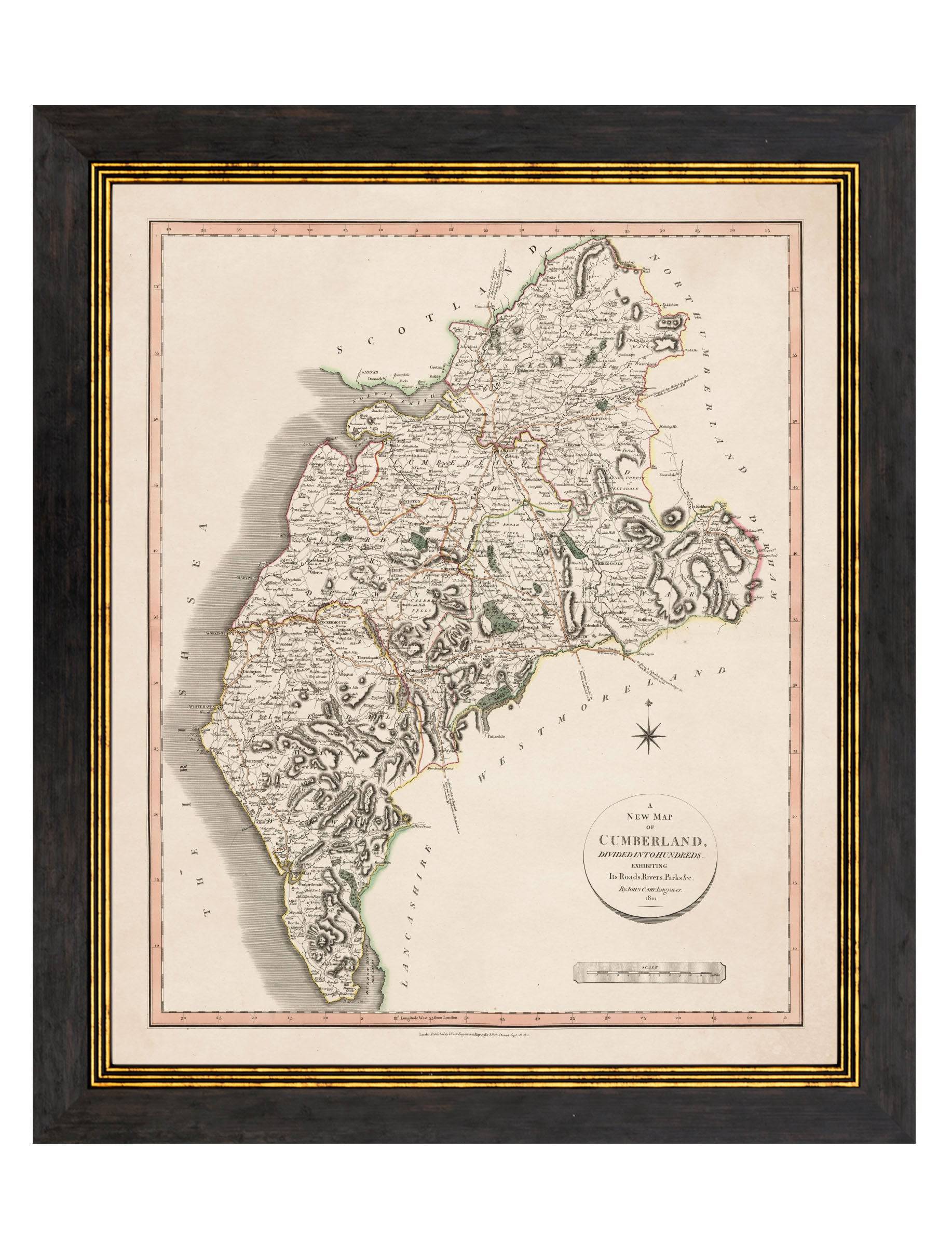 Get c.1806 Cumbria County Map in Sustainable Oxford Wood Frame