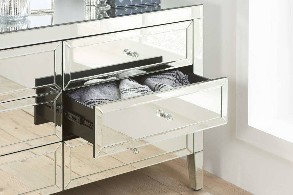 Get the Valencia mirrored 6 drawer wide chest 125cm bedroom storage UK
