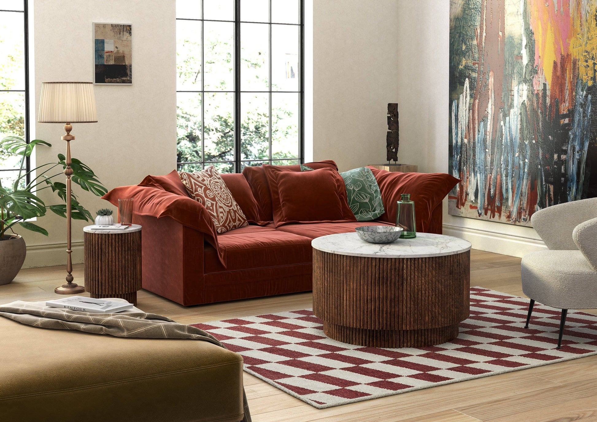 Harvard Round Fluted Side Table with White Marble Top
