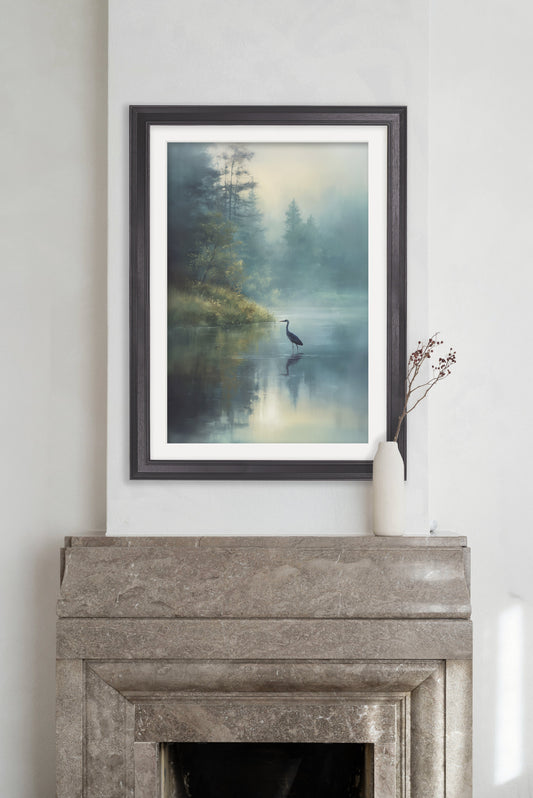 Misty Lake Heron - Black Hurstwood Frame - Blythe Living