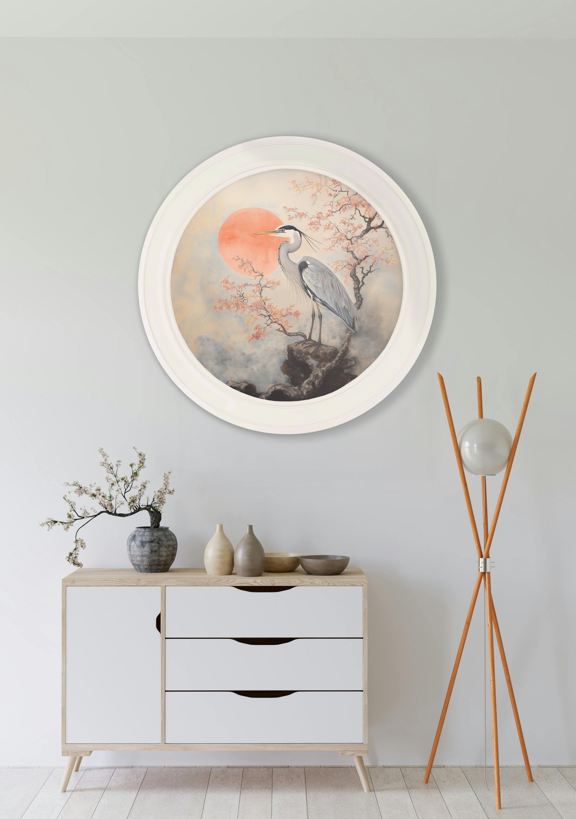Japanese Twin Herons - Oxford Strong White Round Frame - Blythe Living