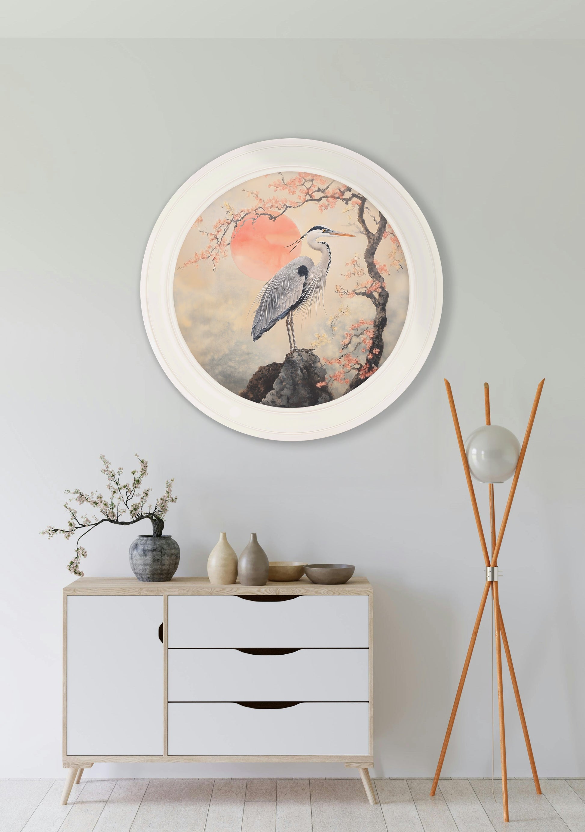 Japanese Twin Herons - Oxford Strong White Round Frame - Blythe Living