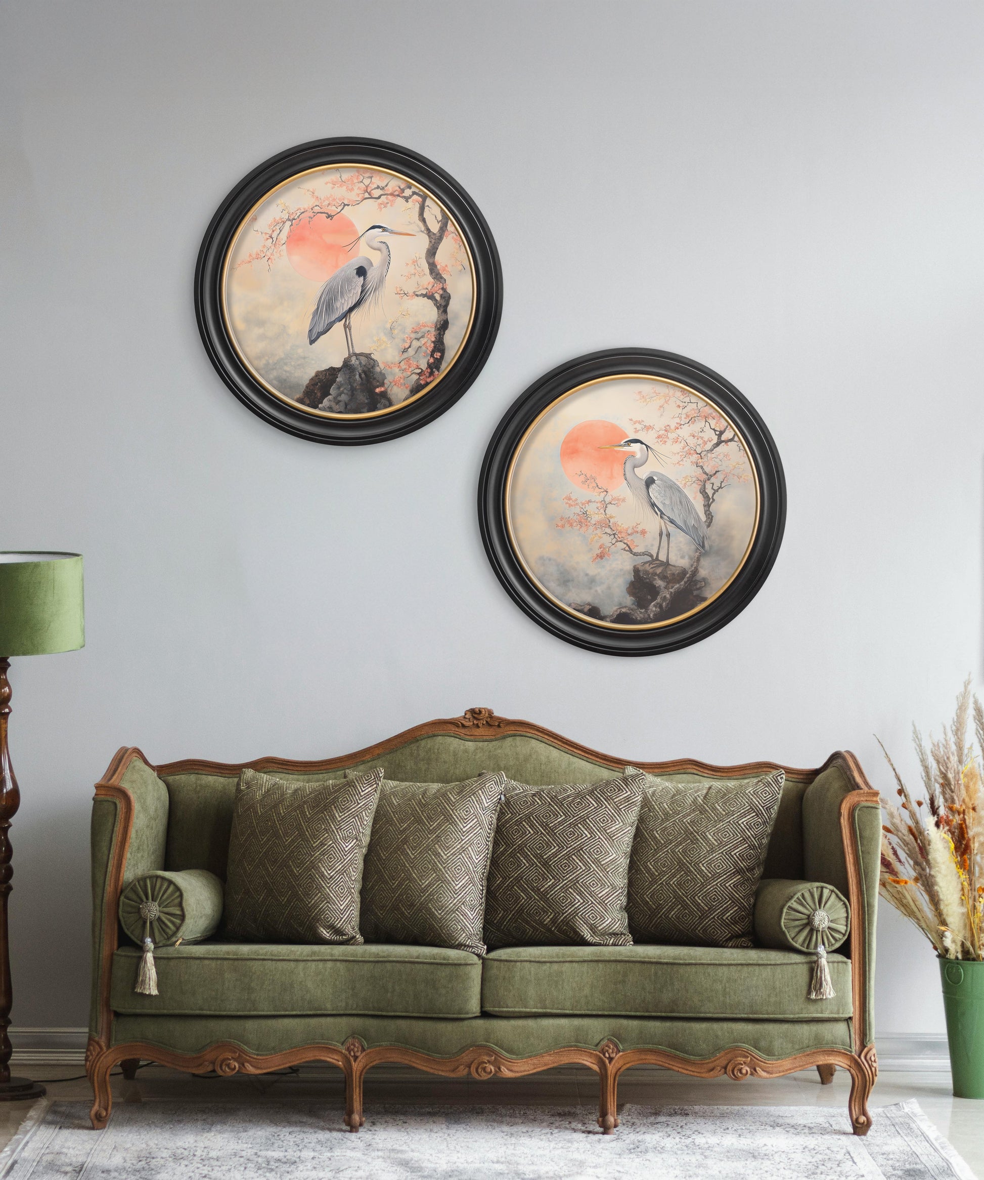 Japanese Twin Herons - Oxford Round Frame - Blythe Living
