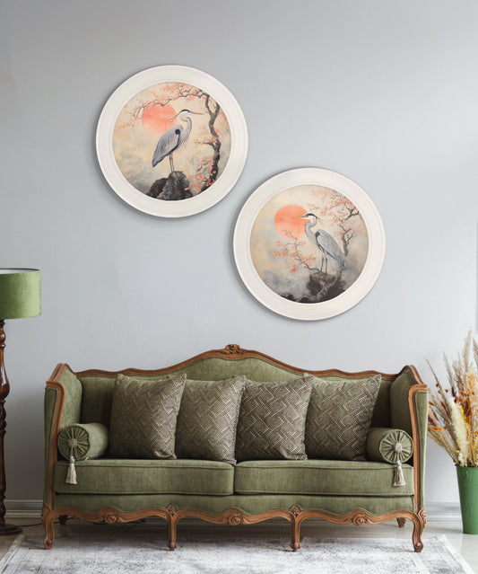 Japanese Twin Herons - Oxford Strong White Round Frame - Blythe Living