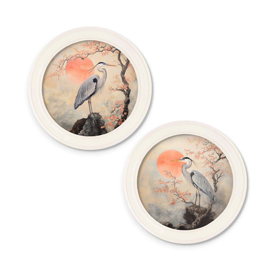 Japanese Twin Herons - Oxford Strong White Round Frame - Blythe Living