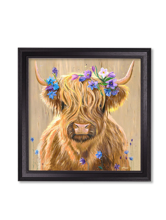 Highland Cow Print 'Flower Girl' by Amy Ansell - Black Square Frame