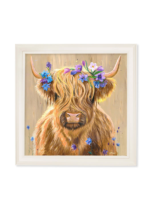 Highland Cow Print 'Flower Girl' by Amy Ansell - Cream Square Frame