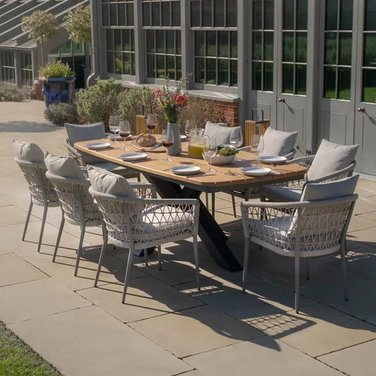 Maze - Jakarta Teak Oval Dining Table
with 8 Monaco Cool Linen Rope Weave Dining Chairs - Blythe Living
