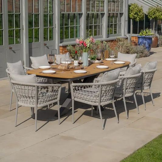 Maze - Jakarta Teak Oval Dining Table
with 8 Monaco Cool Linen Rope Weave Dining Chairs - Blythe Living