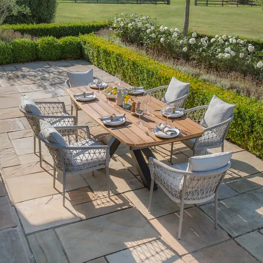 Maze - Jakarta Teak Oval Dining Table with 6 Monaco Cool Linen Rope Weave Dining Chairs - Blythe Living