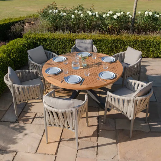 Maze - Jakarta Teak Round Dining Table
with 6 Milan Cool Linen Rope Weave Dining Chairs - Blythe Living