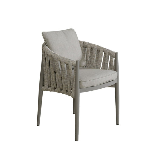 Maze - Jakarta Teak Round Dining Table
with 6 Milan Cool Linen Rope Weave Dining Chairs - Blythe Living