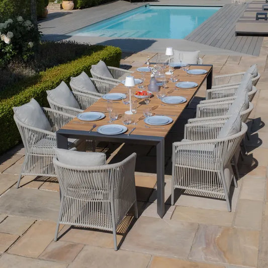 Maze - Jakarta Teak Extending 6 - 10 Seat Rectangular Dining Table
with 10 Maldives Rope Weave Dining Chairs - Blythe Living