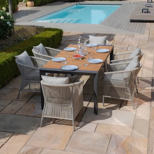 Maze - Jakarta Teak Extending 6 - 10 Seat Rectangular Dining Table
with 10 Maldives Rope Weave Dining Chairs - Blythe Living